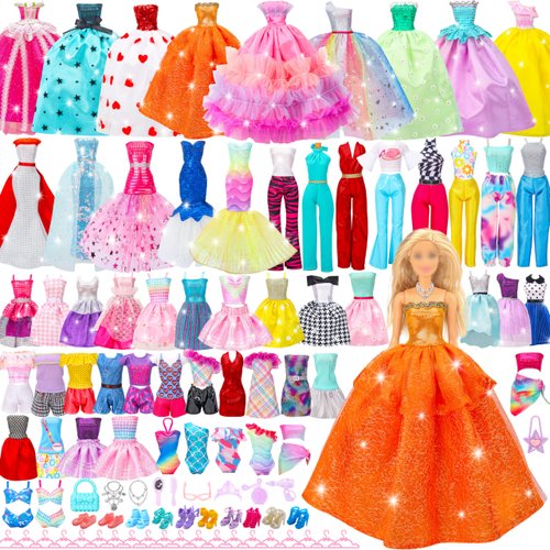 Style Shine 56 Pcs Doll Clothes and Accessories,2 Wedding Gowns 2 Evening Dresses 6 Fashion Dresses 4 Set Casual Outfit Top and Pant 2 Swimsuit,20 Hanger 10 Shoe 10 Accessories Toys for Girls Kid Gift