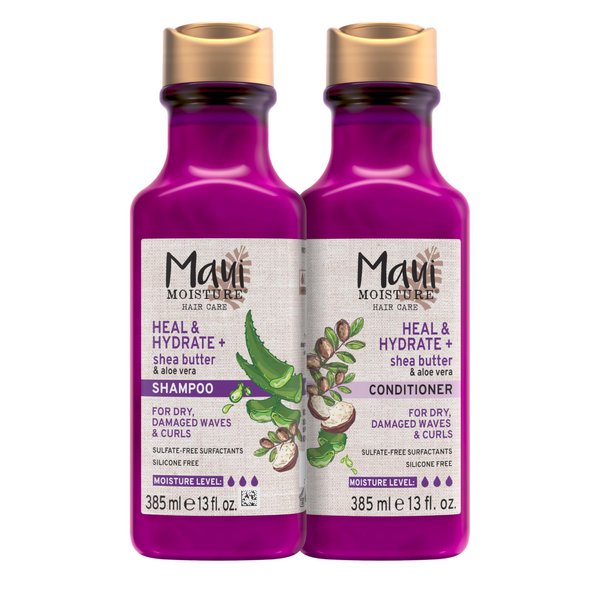 Maui Moisture Heal & Hydrate + Shea Butter Shampoo + Conditioner to Repair & Deeply Moisturize Tight Curly Hair with Coconut & Macademia Oils, Vegan, Silicone, Paraben & Sulfate-Free, 13 Fl Oz (Pack of 2)