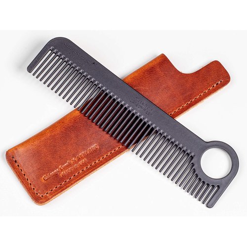 Chicago Comb Model 1 Carbon Fiber Comb + English Tan Horween leather sheath, Made in USA, ultimate pocket and travel comb, smooth strong & light, anti-static, premium American leather sheath
