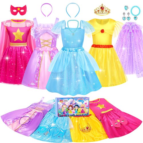 Jeowoqao Princess Dresses for Girls, Princess Dress Up Clothes Little Girls Princess Costumes with Capes Toys Christmas Birthday Gift for Toddler Girl Age 3-6