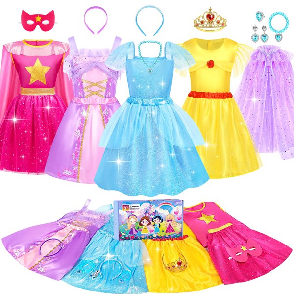 Jeowoqao Princess Dresses for Girls, Princess Dress Up Clothes Little Girls Princess Costumes with Capes Toys Christmas Birthday Gift for Toddler Girl Age 3-6