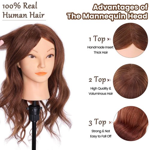 Mannequin Head with 100% Human Hair, MYSWEETY 18" Real Hair Manikin Doll Head for Hair Styling, Cosmetology Mannequin Hairdressing Practice Training Head with Clamp Holder and Tools(Black, Makeup)