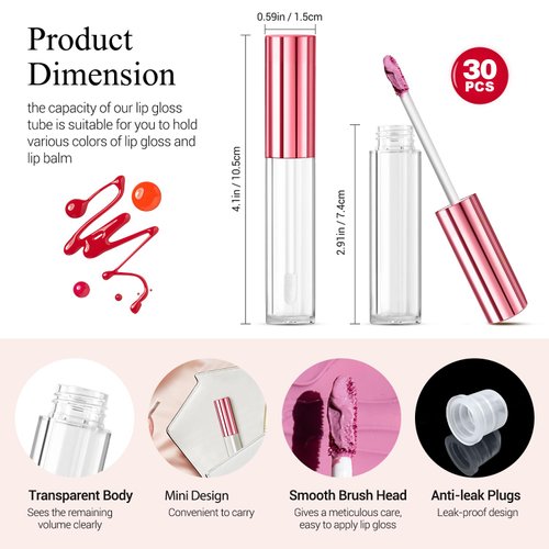 KPX 30 Pcs lip Gloss Tube Containers Bulk Wand 10ml Empty Clear Pink Lip Oil Tubes Refillable Lip Balm Bottles with Rubber Insert for DIY Makeup Such as Lip Samples, Homemade Lip Balm(Pink)