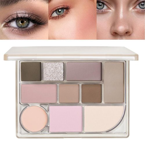 All-in-one Disk Conceal Contour Eyeshadow Palette with Mirror-10 Colors Highly Pigmented Matte Shimmer Primer Powder Makeup-Warm Nude Bronze Neutral Shadows