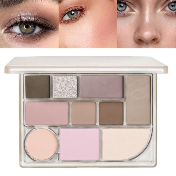 All-in-one Disk Conceal Contour Eyeshadow Palette with Mirror-10 Colors Highly Pigmented Matte Shimmer Primer Powder Makeup-Warm Nude Bronze Neutral Shadows