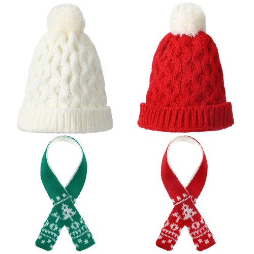 4 Pack Doll Clothes Christmas Mini Snowman Hats Scarf, Santa Knit Hat Christmas Tree Scarf for Do...
