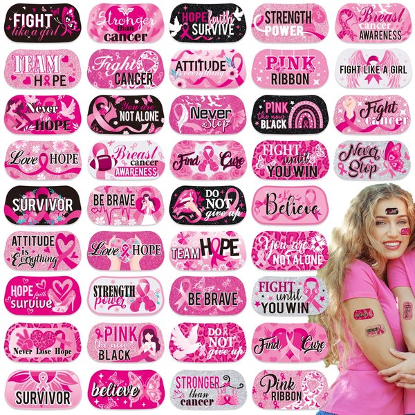 Qpout 120 Pcs Breast Cancer Awareness Face Tattoos Pink Ribbon Waterproof Temporary Tattoos Stickers for Girls Women Hope Fight Event Fundraising Party Body Tattoo Accessories Decoration Supply