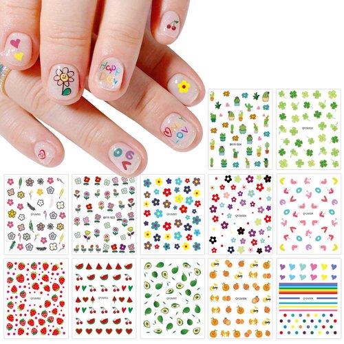 JMEOWIO 14 Sheets Cute Nail Stickers for Kids Nail Art Stickers Decals Self-Adhesive Pegatinas Uñas Rainbow Flower Fruit Nail Supplies Nail Art Design Decoration Accessories