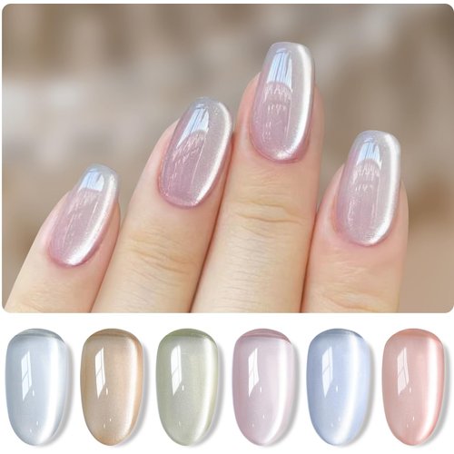 Double Rhythm Cat Eye Gel Nail Polish Set of 6 Colors Shimmer Glitter with Magnet 9D Holographic ...