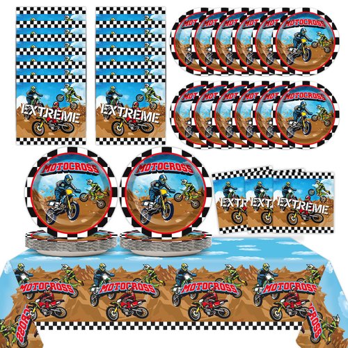 Dirt Bike Birthday Party Supplies Serves 24 Motorcycle Party Paper Plates Napkins Set Motocross Dirt Bike Tablecloth Tableware Kit for Baby Shower Decorations Kids Boys Girls