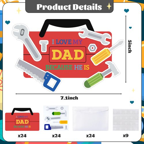 WATINC Father Greeting Card - 24Pcs I Love My Dad Because Craft Gift with Envelope, Make Your Own Tool Box Card Decoration，DIY Fathers Art Crafts Party Home School Fun Activities Supplies