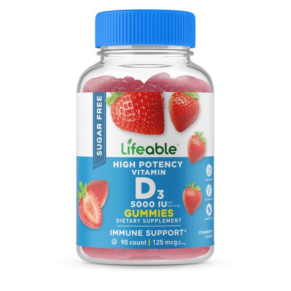 Lifeable Sugar Free Vitamin D 5000 IU - Great Tasting Natural Flavor Gummy Supplement - Gluten Free Vegetarian GMO-Free Chewable - for Immune Support and Bone Health - for Adults - 90 Gummies