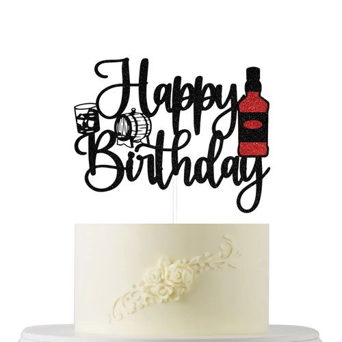 Black Red Vintage Whisky Happy Birthday Cake Topper, Vintage Wine Party Cake Decoration, Cake Topper for Whiskey Birthday Decorations, Cheers to 21 30 40 50 60 Years Theme Birthday Party Supplies