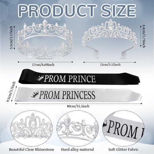 Saintrygo Prince and Princess Crowns Prom Court Sashes Prom Party Favors 80s Prom Tiara Shiny Satin Cosplay for Graduation(Elegant Style)