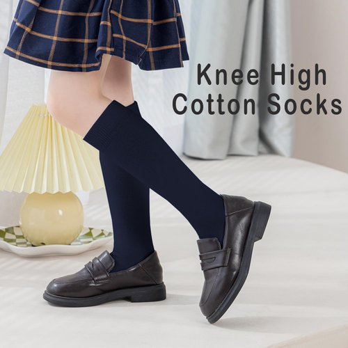 EPEIUS Girls Knee High Socks Seamless Cotton School Uniform Socks Kids Boy Over the Calf Socks Long Socks Navy Blue 3 Pack 7-10 Years (Navy Blue L)