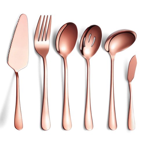 HOMQUEN 6-Piece Copper Serving Flatware Silverware Set,Stainless Steel Serving Utensil Set,Include Cake Server, Slotted Serving Spoon, Serving Spoon, Cold Meat Fork, Butter Knife, Soup Ladle