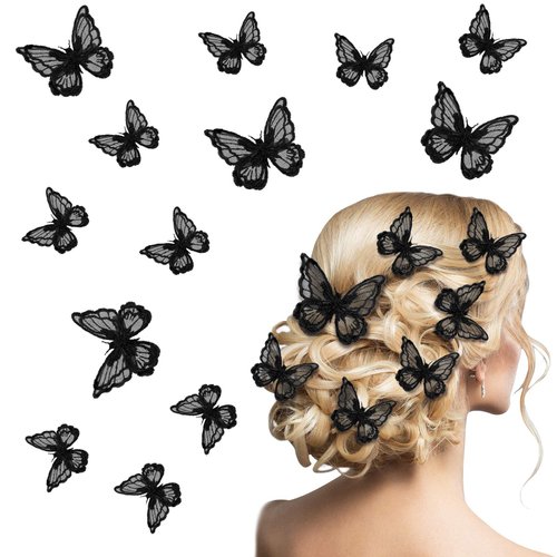 WILLBOND 18 Pieces Butterfly Hair Clip Halloween Lace Hair Bows Embroidery Butterfly Hair Pins Hair Accessories for Halloween Cosplaying Women, 2 Sizes(Black)