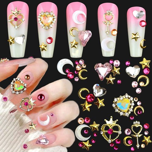 Dornail 3D Nail Charms for Acrylic Nails Crystal Heart Nail Rhinestones Star Moon Alloy Nail Art Charms Colorful Nail Gems Nail Decorations for Nail Art Rhinestones for Nails Supply (Style 1)
