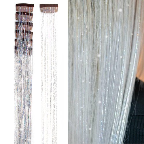 SEPTBEAM Clip in Hair Tinsel Extensions Silver Hair Tinsel 20.5 Inch 6pcs Highlights for Hair Each Pack Multi-Colors Synthetic Hair Extensions for Party, Christmas, New Year, Halloween(Silver)