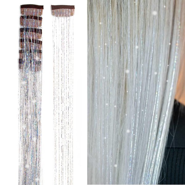 SEPTBEAM Clip in Hair Tinsel Extensions Silver Hair Tinsel 20.5 Inch 6pcs Highlights for Hair Each Pack Multi-Colors Synthetic Hair Extensions for Party, Christmas, New Year, Halloween(Silver)
