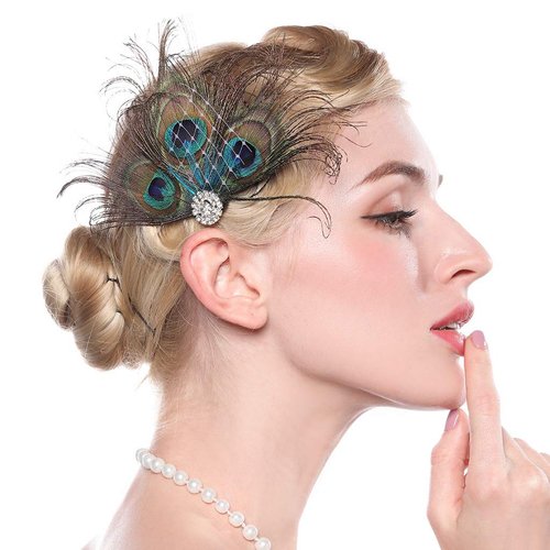 Aimimier 1920s Flapper Peacock Feather Hair Clip Crystal Hair Piece Vintage Roaring 20s Prom Party Festival Hair Accessories for Women