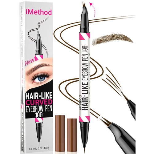 iMethod Curved Eyebrow Pen - Eyebrow Pencil 2-in-1 Dual-Ended Eyebrow Pen with Curved Tip and Precise Brush-Tip, Microblading Eyebrow Pen for Natural Hair-Like Brows, Long Lasting, Dark Brown