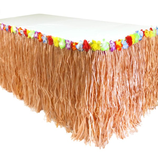 GiftExpress 9 feet X 29" Luau Grass Table Skirt, Hawaiian Luau Libiscus Table Skirt for Hawaiian Party, Luau Party Supplies, Luau Party Decorations, Moana Birthday Party (Natural Hay Grass)