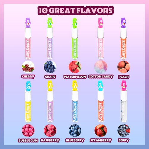 Townley Girl Care Bears 10 Piece Plant Based Lip Gloss, Girls Party Favors, First Makeup Set for Girl, Perfect for Parties, Sleepovers, and Birthday Gifts, Ages 3