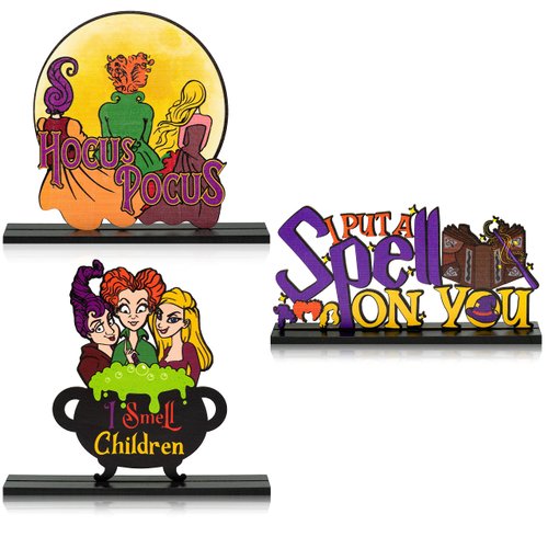 3Pcs Halloween Vintage Hocus Pocus Character Wooden Centerpiece Table Top Decoration, Can be Detachable Cute Halloween Witch I Smell Children Old Style Party Theme Decorations Halloween Gifts For Kids