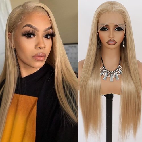 Maycaur Blonde Lace Front Wigs Pre Plucked Hairline Long Wigs for Black Women Glueless Straight Hair Blond Lace Front Synthetic Wigs Heat Resistant Fiber Hair 24 Inch