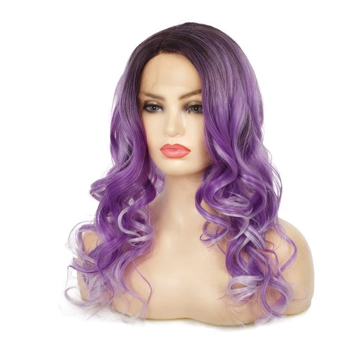Amnenl Purple Lace Front Wigs Long Ombre Curly Wavy Hair with Dark Roots Hair Wavy Wig Side Part ...
