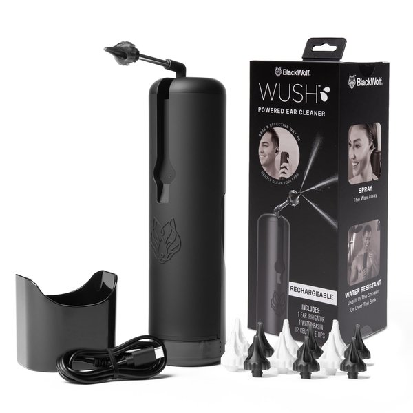 Wush Pro Water Powered Ear Cleaner with 12 Reusable Replacement Tips by Black Wolf - Safe & Effective - Electric Triple Jet Stream with 3 Pressure Settings for Ear Wax Buildup - Ear Wax Removal Kit