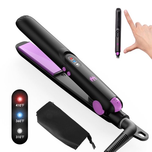 Elilier Mini Ceramic Flat Iron 0.7 Inch, Hair Straightener for Short Hair, Curls, Bangs - Adjustable Temperature, Portable Dual Voltage with Travel Pouch for Women, Men