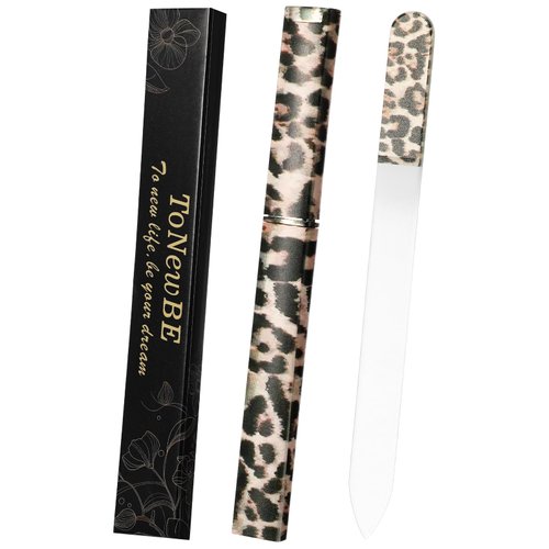 Glass Nail File with Case, Christmas Stocking Stuffers Gifts, Crystal Nail File, Glass Fingernail File, Double-Sided Etched Glass Nail File for Nail Art & Nail Care, Travel Nail File (GLASS-LEOPARD)