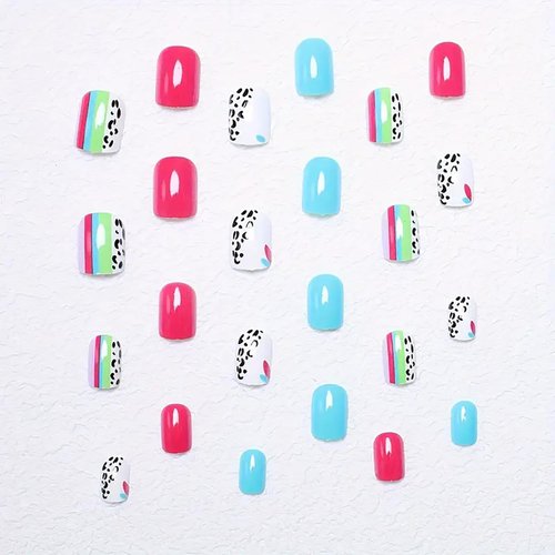24Pcs Colorful Press on Nails Short Square Fake Nails Glossy Glue on Nails Full Cover False Nails Cute Acrylic Nails Reusable Artificial Nails Short Length Stick on Nails for Women Girls Manicure