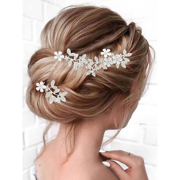 Gorais Bride Wedding Hair Pins Silver Flower Bridal Hair Clips Leaf Hair Pieces Hair Accessories for Women and Girls (Pack of 3)