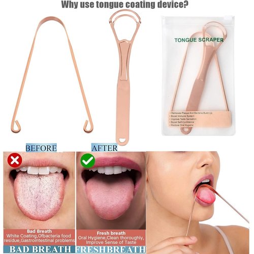 2Pcs Copper Tongue Scraper, Tongue Cleaner Set for Adults Kids, Stainless steel Wide Double Blades Oral Tongue Brush Cleaning Scrapping Sweeper for Fresh Breath and Mouth Hygiene Care with Travel Bag