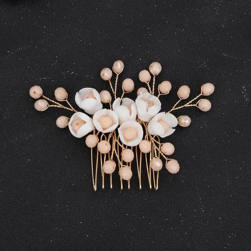 Teyglen Flower Wedding Bride Hair Comb Floral White Flower Headpiece Bridal Champagne Crystal Beads Hair Side Comb Hair Accessories for Women Flower Girl Wedding Prom