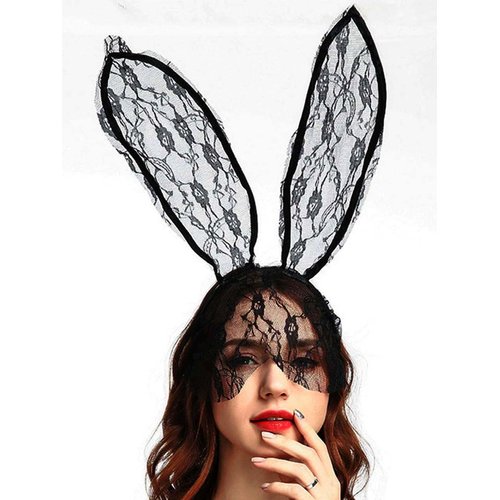 Catery Lace Bunny Ears Black Rabbit Ears Headband Halloween Lace Mask Hair Accessories for Women