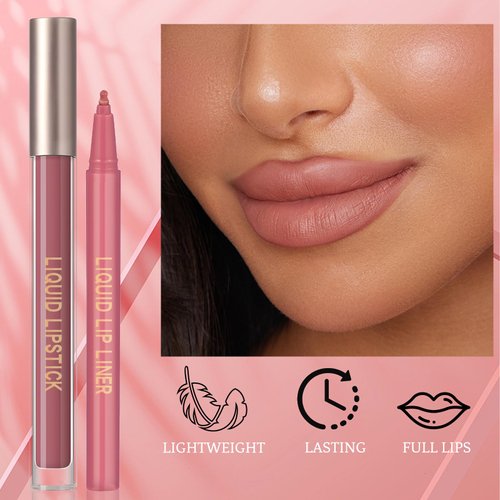 Wugbc Matte Liquid Lipstick and Lip Tint Stain Marker Kit Waterproof Long Lasting Non-Stick Cup, Lip Gloss and Lip Liner Pen Moisturizing Not Fade for Women Girls Makeup Natural Nude Color Set