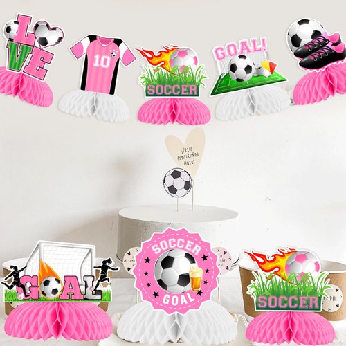 Soccer Birthday Party Decorations for Girls - 8pcs Soccer Honeycomb Centerpiece, Pink Soccer Birthday Party Table Decorations for Football Sports Themed Birthday Baby Shower Party Supplies