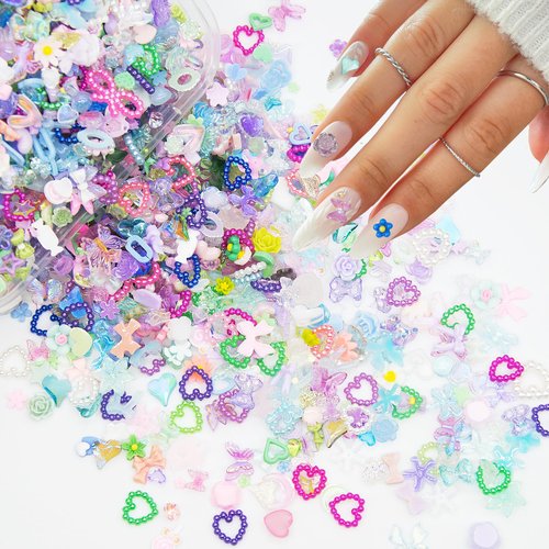 300Pcs 3D Assorted Mix Color Nail Charms Multi Shapes Heart Flower Butterfly Bowknot Shaped Nail Charms Resin Flatback Nail Art Rhinestones Charms for Manicure DIY Crafts Jewelry Accessories
