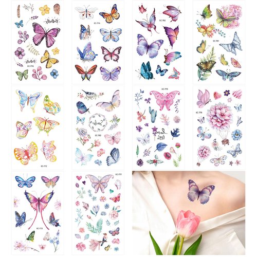 WANDIC Butterflies Temporary Stickers Tattoo, 10 Sheets Colorful Flower Art Tattoo for Birthday S...