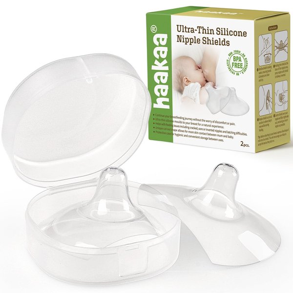 haakaa Nipple Shields 18mm for Newborn Breastfeeding with Latch Difficulties or Flat or Inverted Nipples, Breast Shields Extra-Thin & Extremely Soft, Come with Carry Case, 2pk