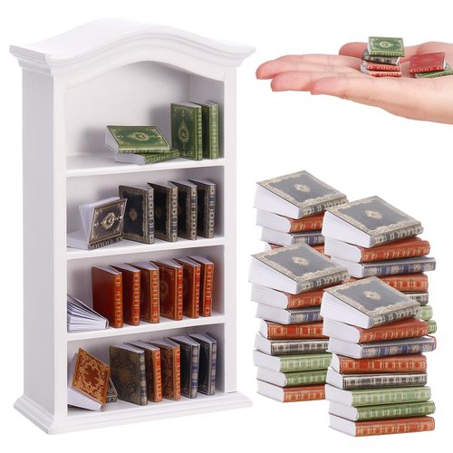 36 Pcs 1:12 Scale Miniatures Dollhouse Books and 1 Wooden Bookcase,4 Floors Furniture Display Bookshelf Cabinet Mini Assorted Books,Dollhouse Decoration Accessories for Home Bedroom