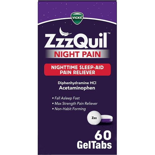 ZzzQuil Night Pain GelTabs, Nighttime Pain Relief, Sleep Aid Tablets, Diphenhydramine HCl and Acetaminophen, No.1 Sleep Aid Brand, Max Strength Pain Reliever, 60 GelTabs