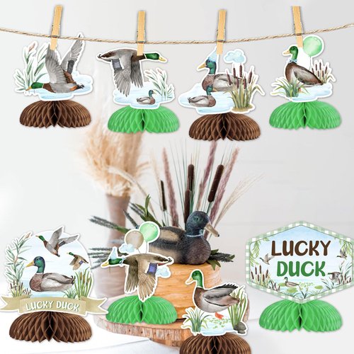 Balterever Duck Hunting Party Decorations 8PCS Lucky Duck Table Centerpieces Duck Honeycomb Centerpieces Lucky Duck Baby Shower Table Decor Mallard Duck Birthday Party Duck 1st Party Supplies