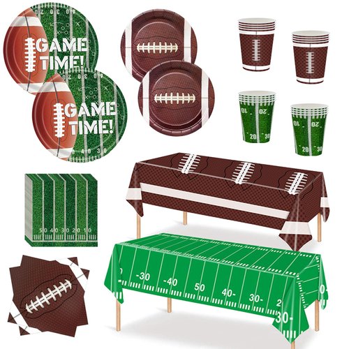 Xindtek Football Party Supplies Kit Serve 24, Including Dinner Plates Dessert Plates Napkins Cups Plastic Touchdown Tablecloth for Birthday Party Decorations