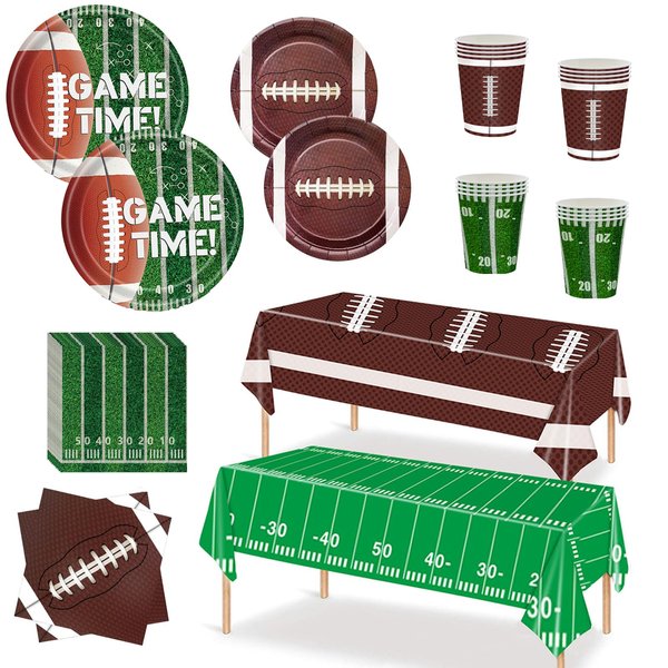 Xindtek Football Party Supplies Kit Serve 24, Including Dinner Plates Dessert Plates Napkins Cups Plastic Touchdown Tablecloth for Birthday Party Decorations