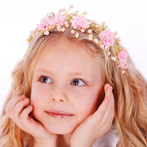 Woeoe Flower Girl Headband Pink Pearl Wedding Headpiece Rhinestone First Communion Hair Accessories for Birthday Party Photography